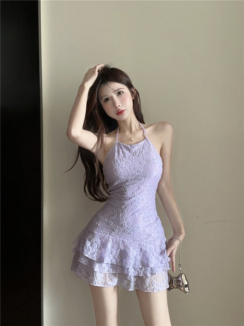 French lace halter neck pleated dress women's clothing summer sexy A-line short skirt R3152