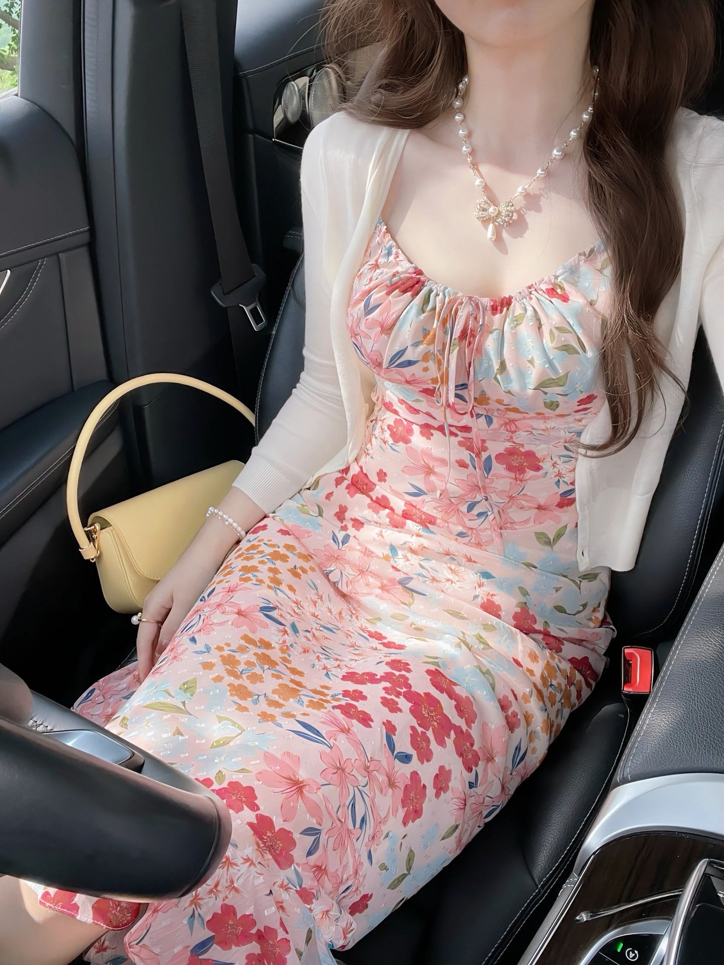 Tea break French floral sling dress, beautiful waist slim fit hip long dress R0567