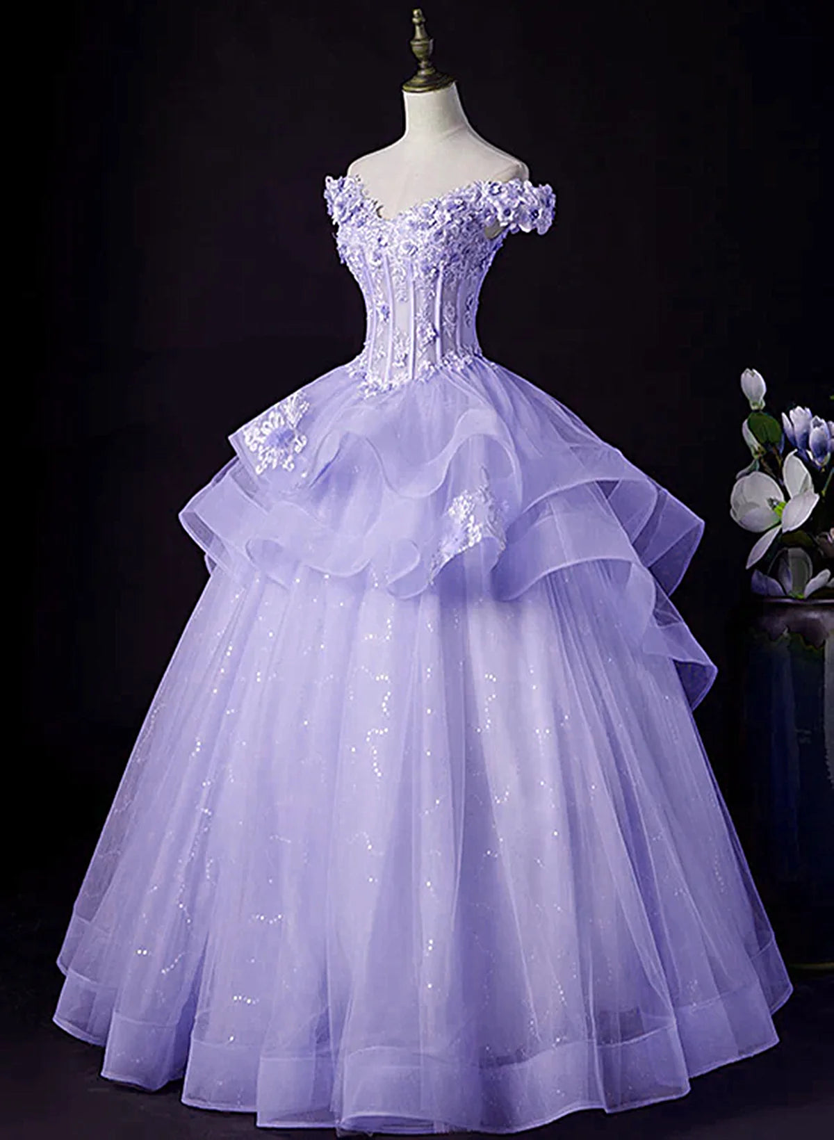 Light Purple Tulle With Lace Off Shoulder Sweet 16 Dress, Light Purple Formal Dress S2557