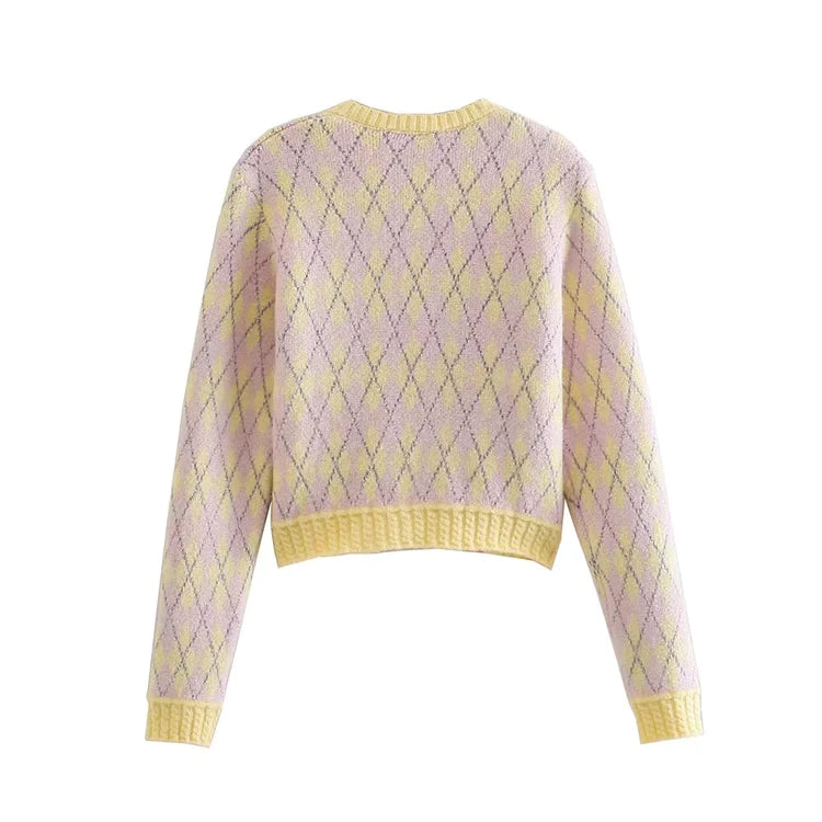 Versatile diamond check sweater cardigan jacket S2525