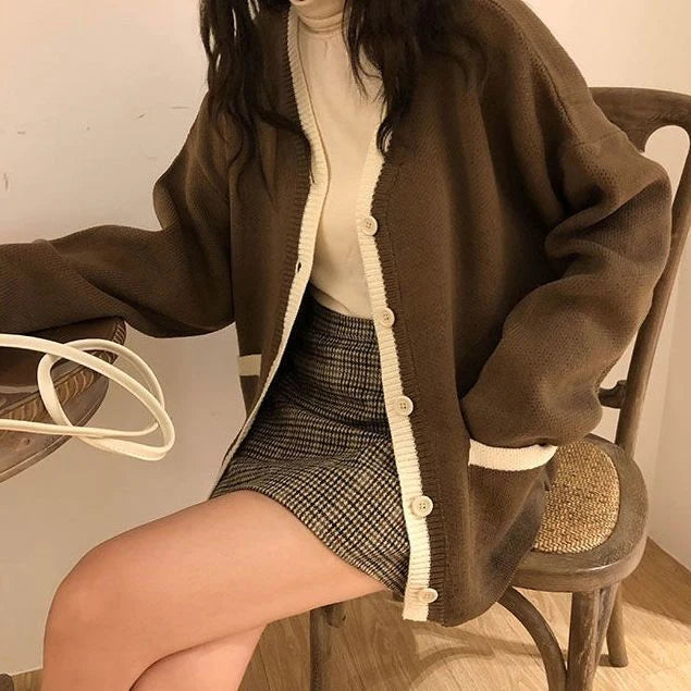 V-NECK KNITTED COLLEGE CARDIGAN SWEATER S2793