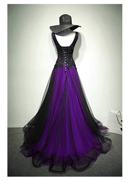 A-Line Black And Purple Tulle V-Neckline Beaded Prom Dress, Black Tulle Formal Dress S2560