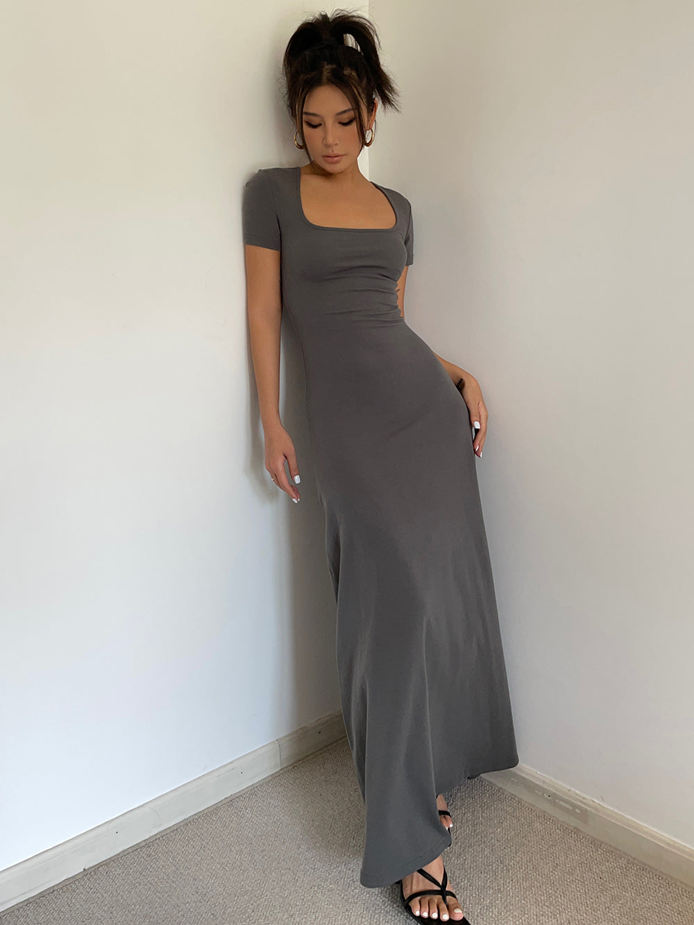 Summer French Square Neck Dress Slim Fit Short Sleeves Knee-Length Temperament Long Dress R3028