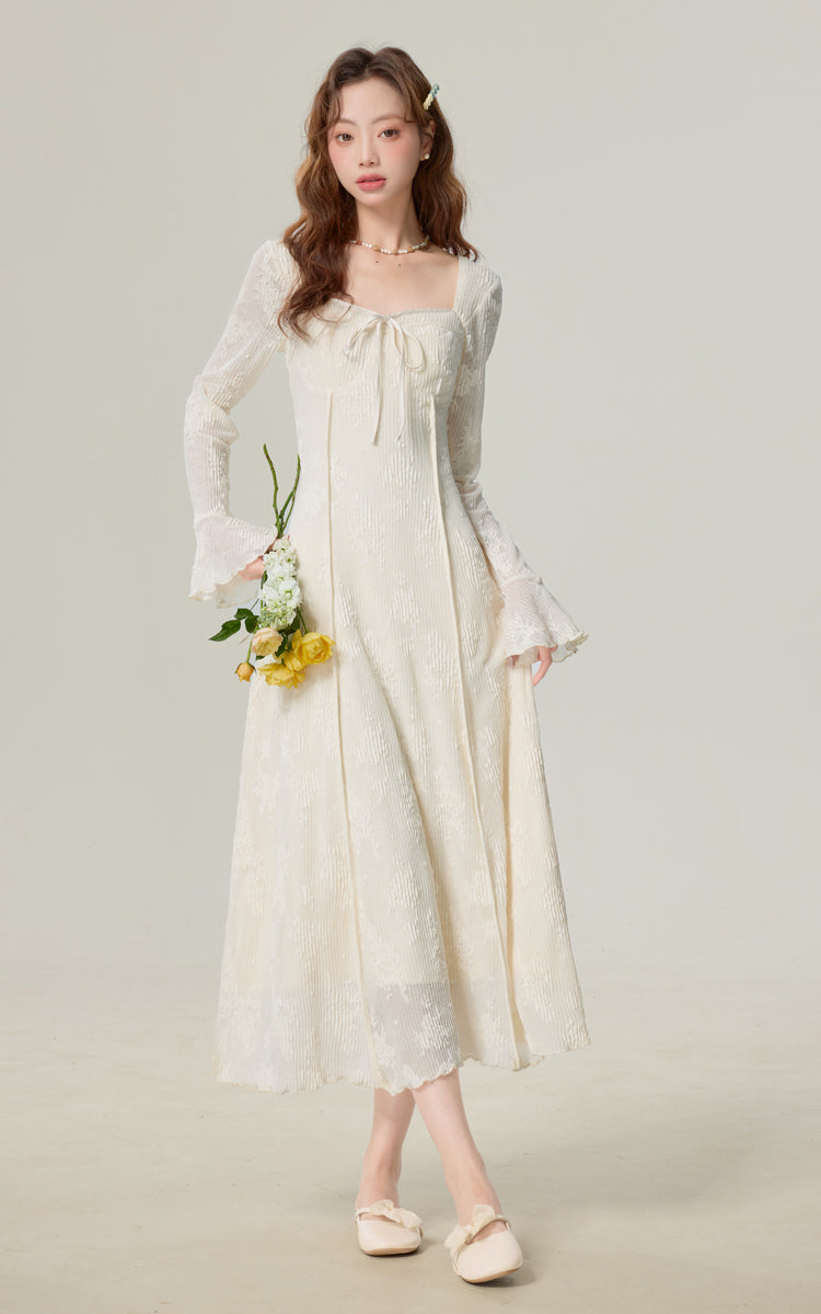 Temperament gentle style apricot floral dress women's new square neck dress R1955