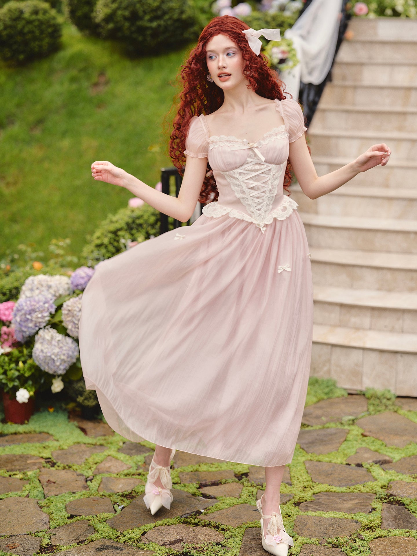 French pink fairy dress design long short-sleeved fishbone dress homecoming dress R5158