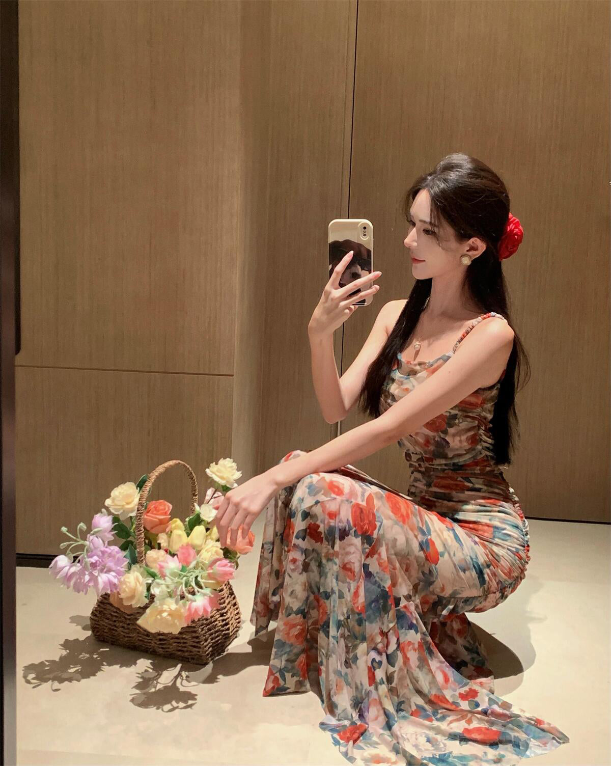 Retro floral suspender dress beautiful waist hip skirt R0657