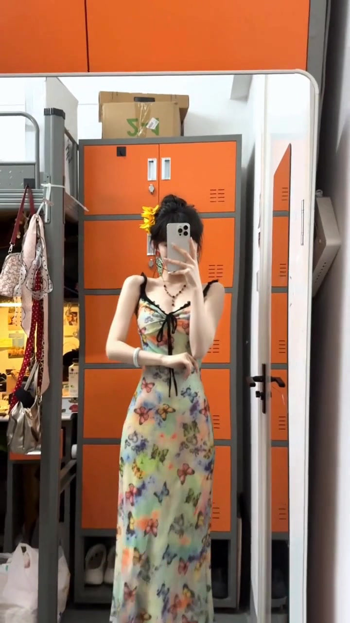 Floral suspender dress with gentle temperament, slim waist and hip skirt R0574