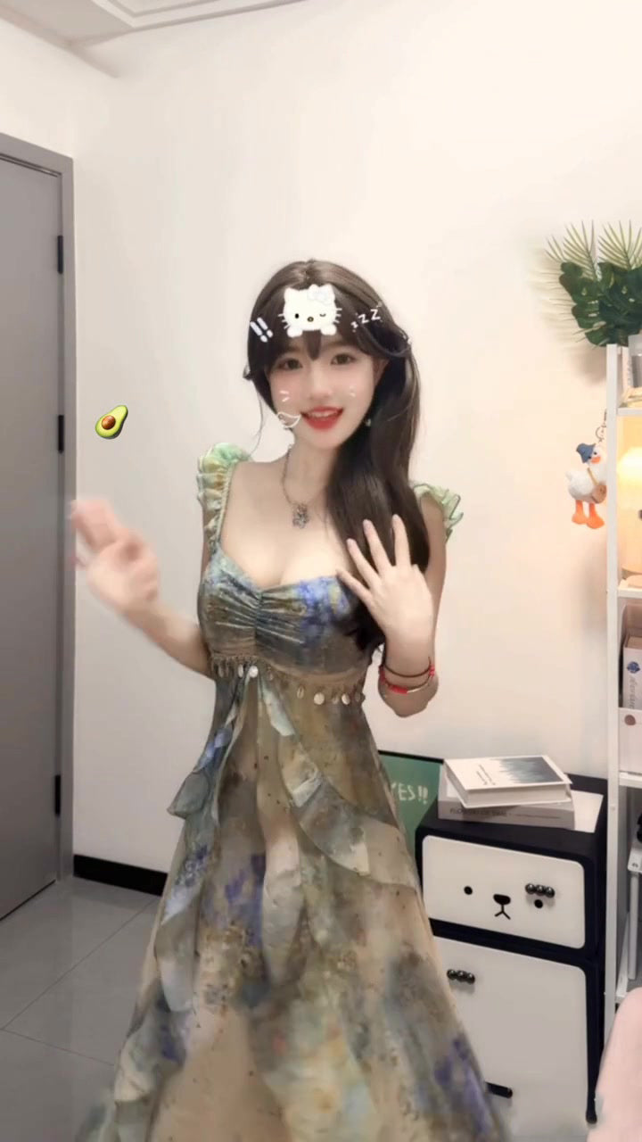 Blurred floral suspender dress temperament waist A-line beach dress R0659