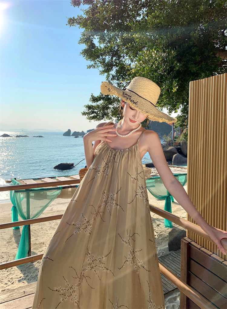 Retro printed suspender dress gentle temperament A-line long skirt R0660