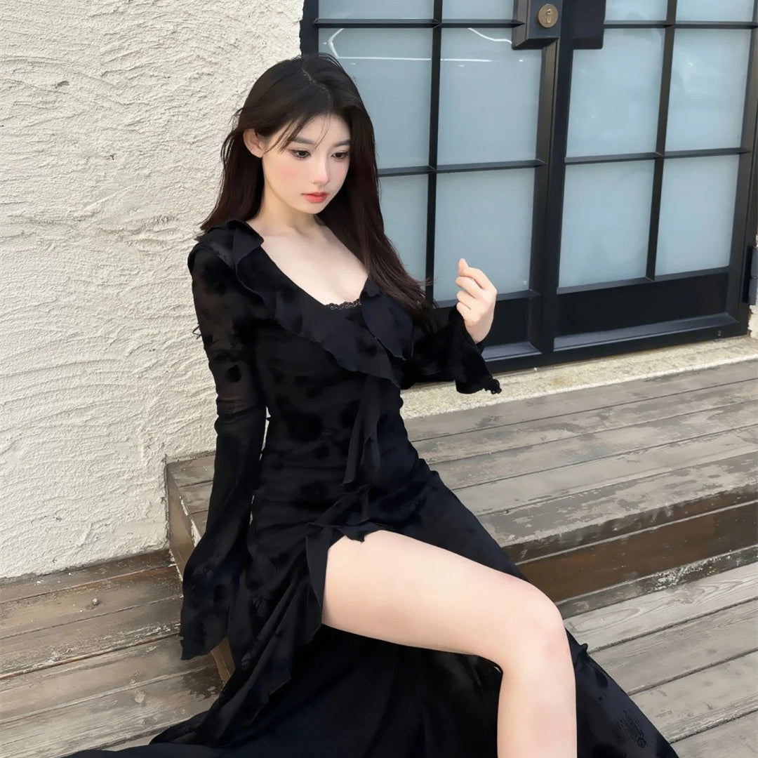 French Hepburn royal sister style dark rose sling slit dress waistcoat top long skirt two-piece suit R1659