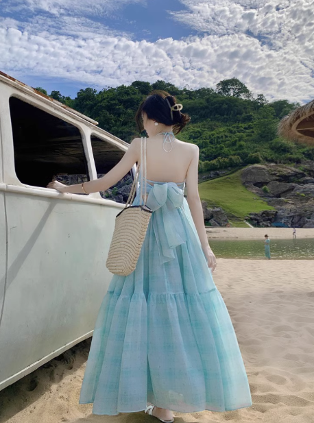 French style mint green halter neck suspender dress Sanya seaside holiday backless fairy long dress R0214