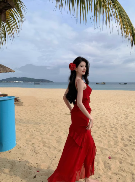 Bright red white suspender dress for women with ruffled slits for travel and holiday R0216