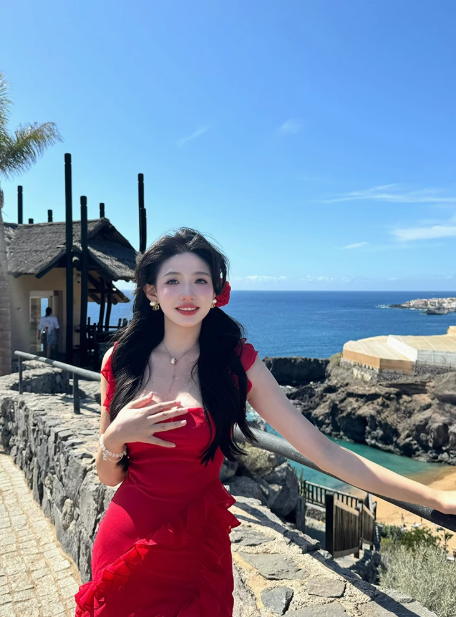 Pure desire hot girl red chiffon suspender dress irregular ruffle sexy slit holiday long skirt R0218