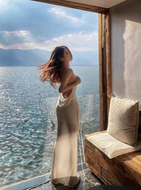 Pure desire style sexy white suspender dress niche backless super fairy seaside holiday long dress R0219