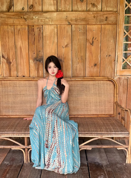 Retro Bohemian halter neck dress with straps and backless seaside holiday dress R0224