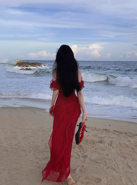 French retro beautiful red suspender dress ruffled seaside holiday dress R0230