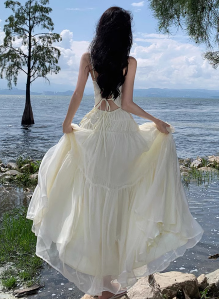 French style beautiful white chiffon suspender dress sexy backless seaside holiday dress R0231
