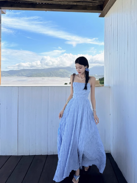 Super fairy blue pure desire holiday style backless dress with large skirt and suspenders R0232