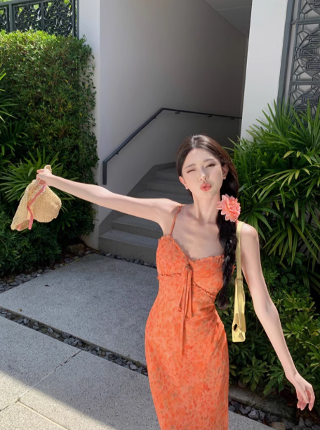 French chiffon floral dress waist-hugging white orange suspender dress seaside holiday long dress R0239