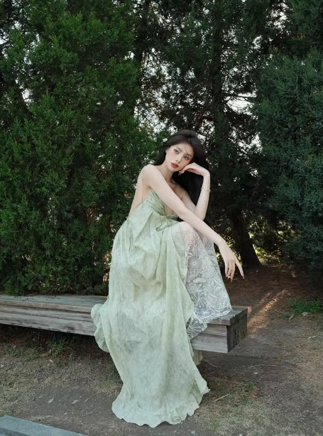 French style green v-neck suspender dress seaside holiday pure sexy backless long dress R0241