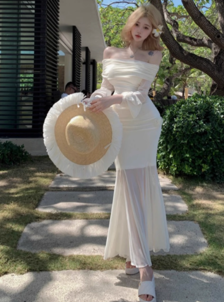 French style gentle white one-shoulder long-sleeved dress waist-hugging hip mesh long skirt R0246