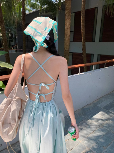 Mint Mambo Dress Backless Beach Vacation Suspender Dress Pure Desire Waist A-line Midi Dress R0252