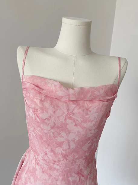 Pink romantic floral dress 2025 summer slim pure short skirt suspender dress R0256