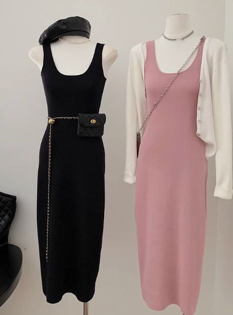Long casual knitted slim fit vest dress sleeveless bottoming suspender skirt R0261