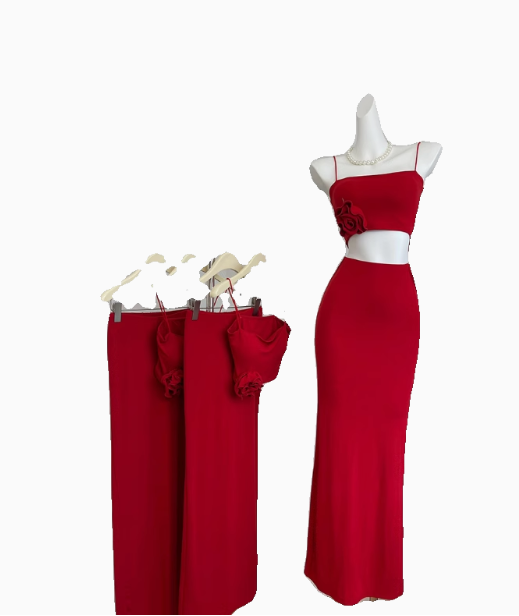 2025 summer new beach short sleeveless red flower suspender top sexy hip skirt suit for women R0270