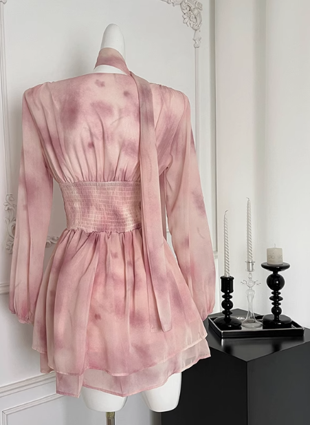 2025 summer new fairy dress temperament gentle style ribbon long sleeve v-neck dress R0272