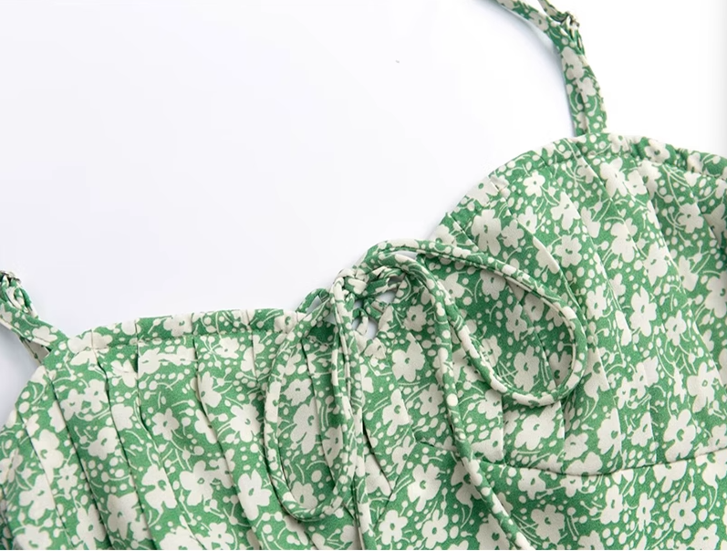 2025 Summer New Green Floral Bandeau Sexy Long Suspender Dress R0951