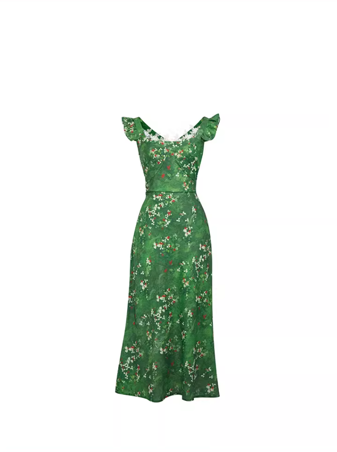Holiday style dark green printed forest dress new style slim fit temperament long dress R3379
