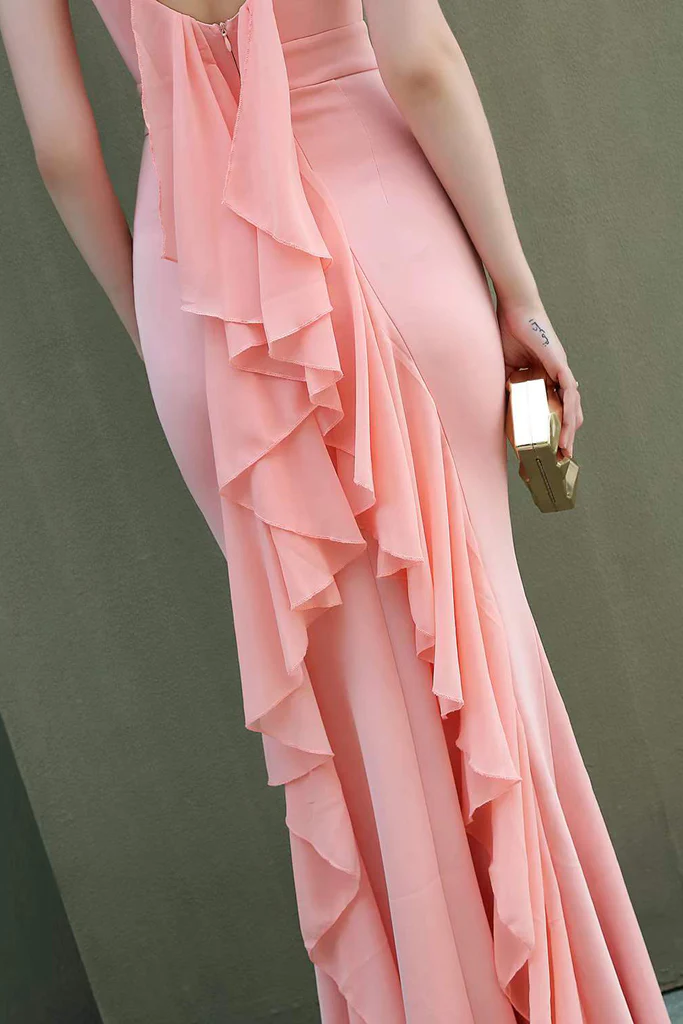 Elegant Sleeveless Mermaid Prom Gown with Ruffles, Cheap Backless Long Evening Gown S5144