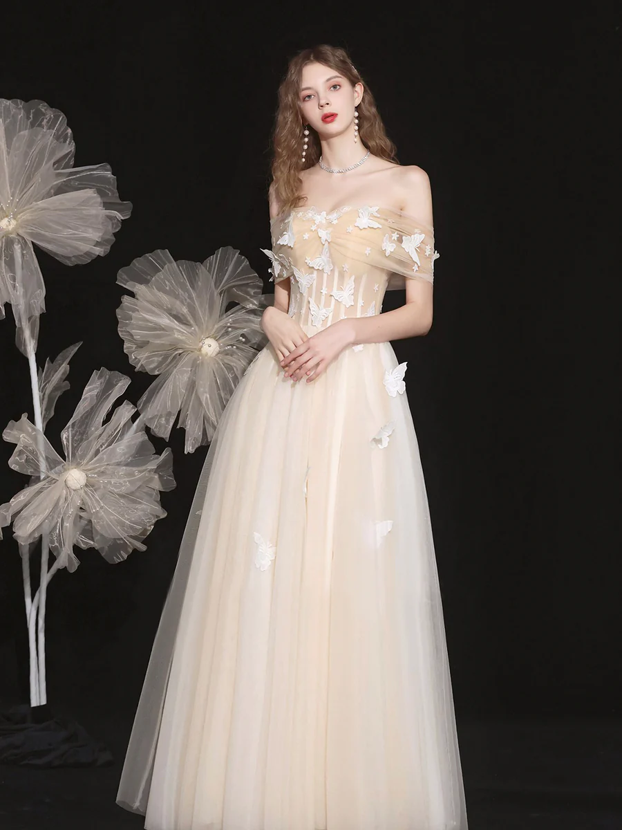 Champagne Lace Off the Shoulder Prom Dress, A-Line Evening Party Dress S5147