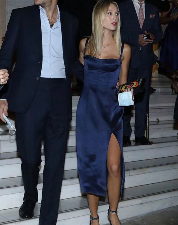 Simple Navy Blue Satin Spaghetti Straps Evening Prom Dresses S5173