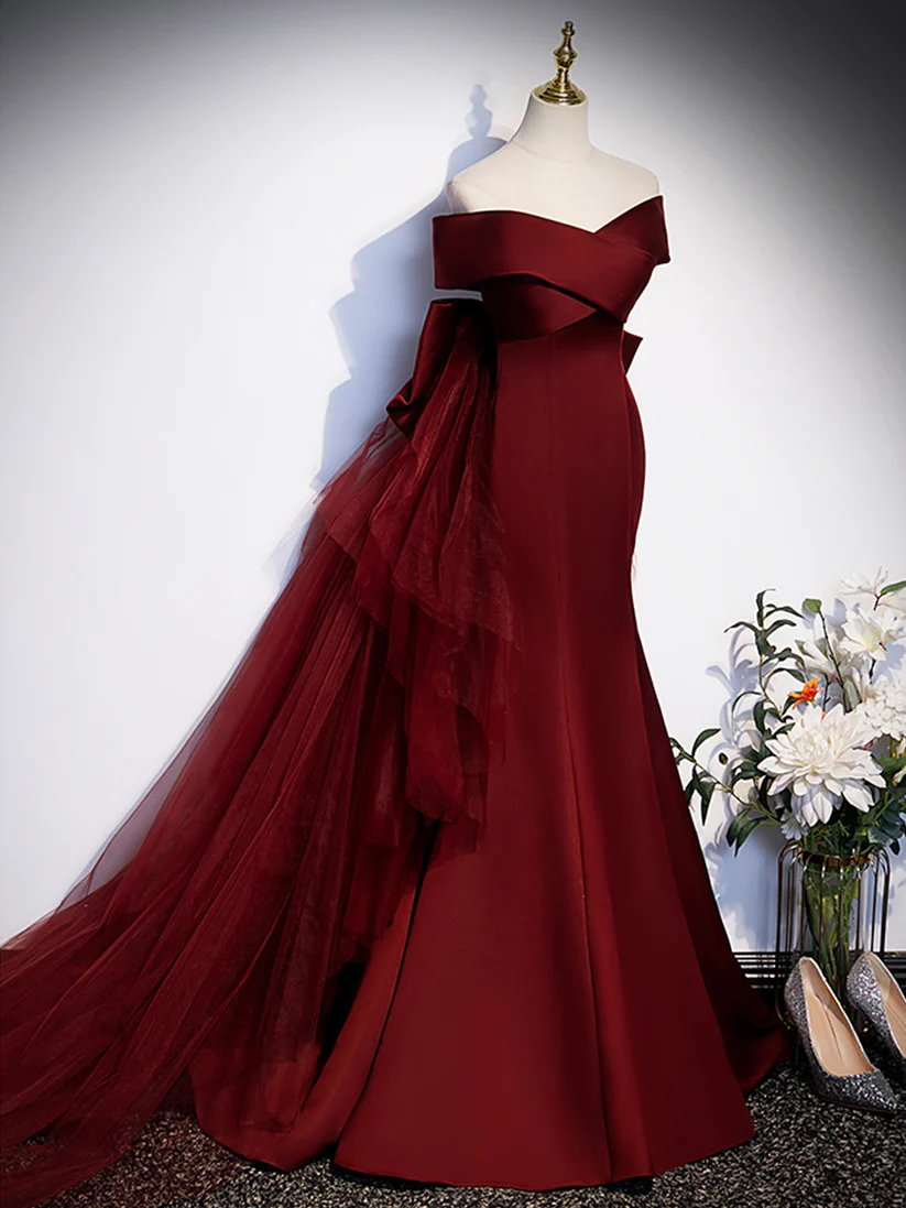 Burgundy V-Neck Satin Long Prom Dress, Mermaid Off Shoulder Evening Dress with Bow S2575