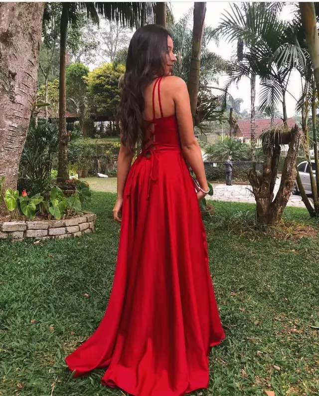 Red Straps Evening Dress,Square Neck Red Formal Gown,Long Graduation Dress S5134