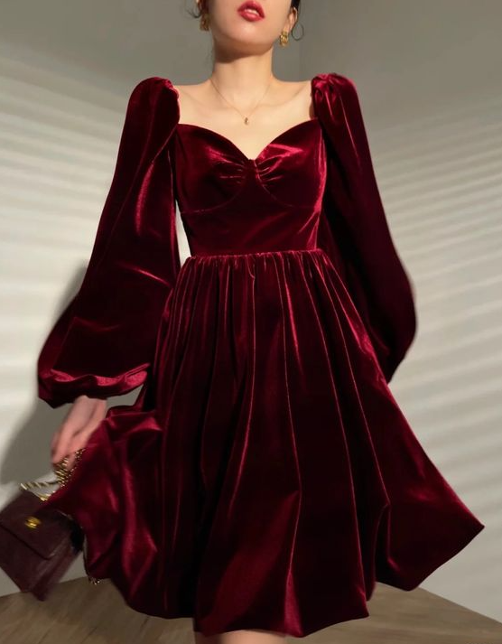 Cute V Neck Burgundy Velvet Short Prom Dress Homecoming Dress S3315