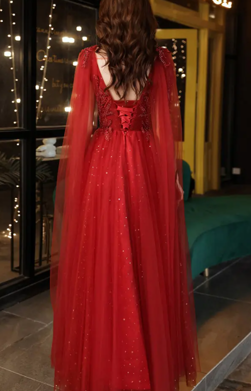 Luxury Charming Wine Red Lace V-neck Prom Party Evening Dress S3593