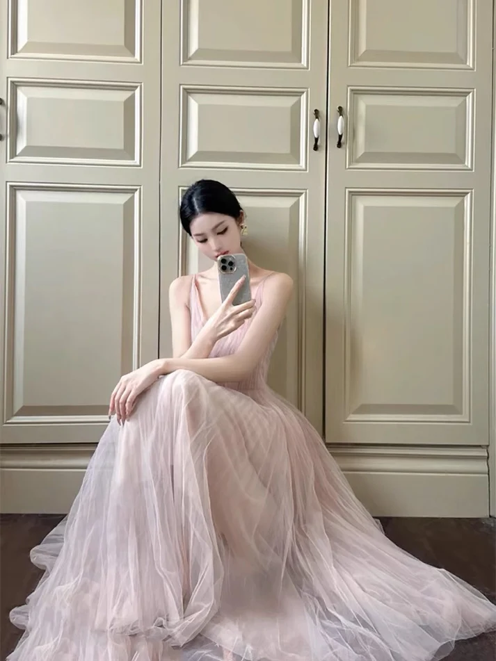 V Neck Light Pink Tulle A Line Prom Dress S5356