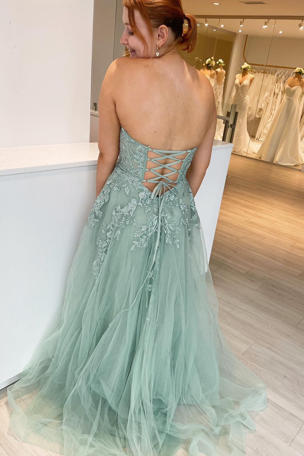 Princess Green Appliques A-line Sweetheart Tulle Long Prom Dress S3628