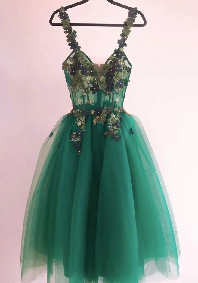 Green Prom Dresses, Sweetheart Prom Dresses, Hand Made Flowers Prom Dresses, Tulle Prom Dresses, Green Evening Gowns, Mini Cocktail Dresses S3203