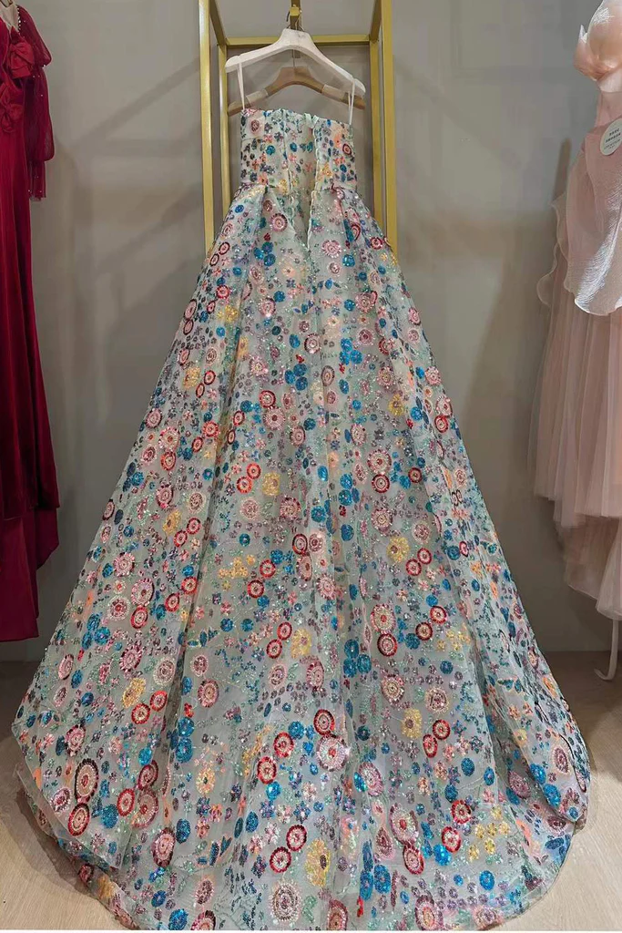 Sparkly New Style Sweetheart Neck Colorful Sequin Prom Dress, Strapless Long Party Gown S5148