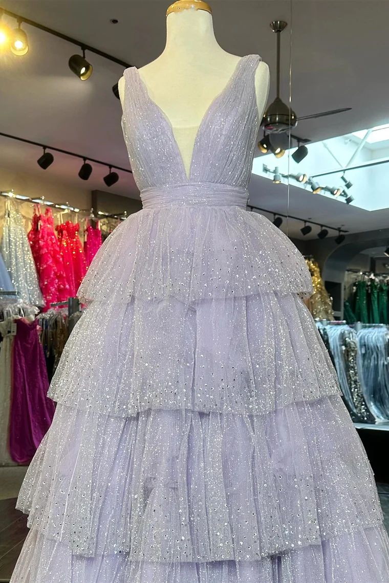 Lavender Tulle Sequin V-Neck Ruffle Tiered Long Prom Dress S5192