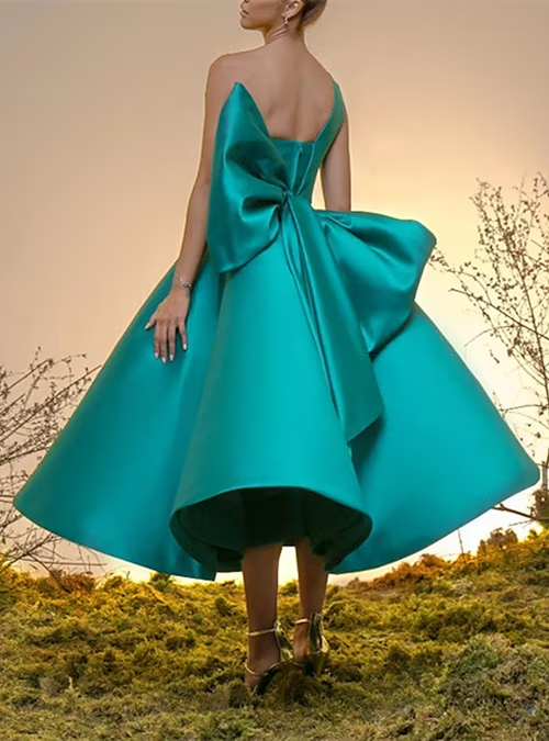 Ball Gown Cocktail Dresses 1950s Dress Homecoming Tea Length Sleeveless One Shoulder Satin with Bow S2671