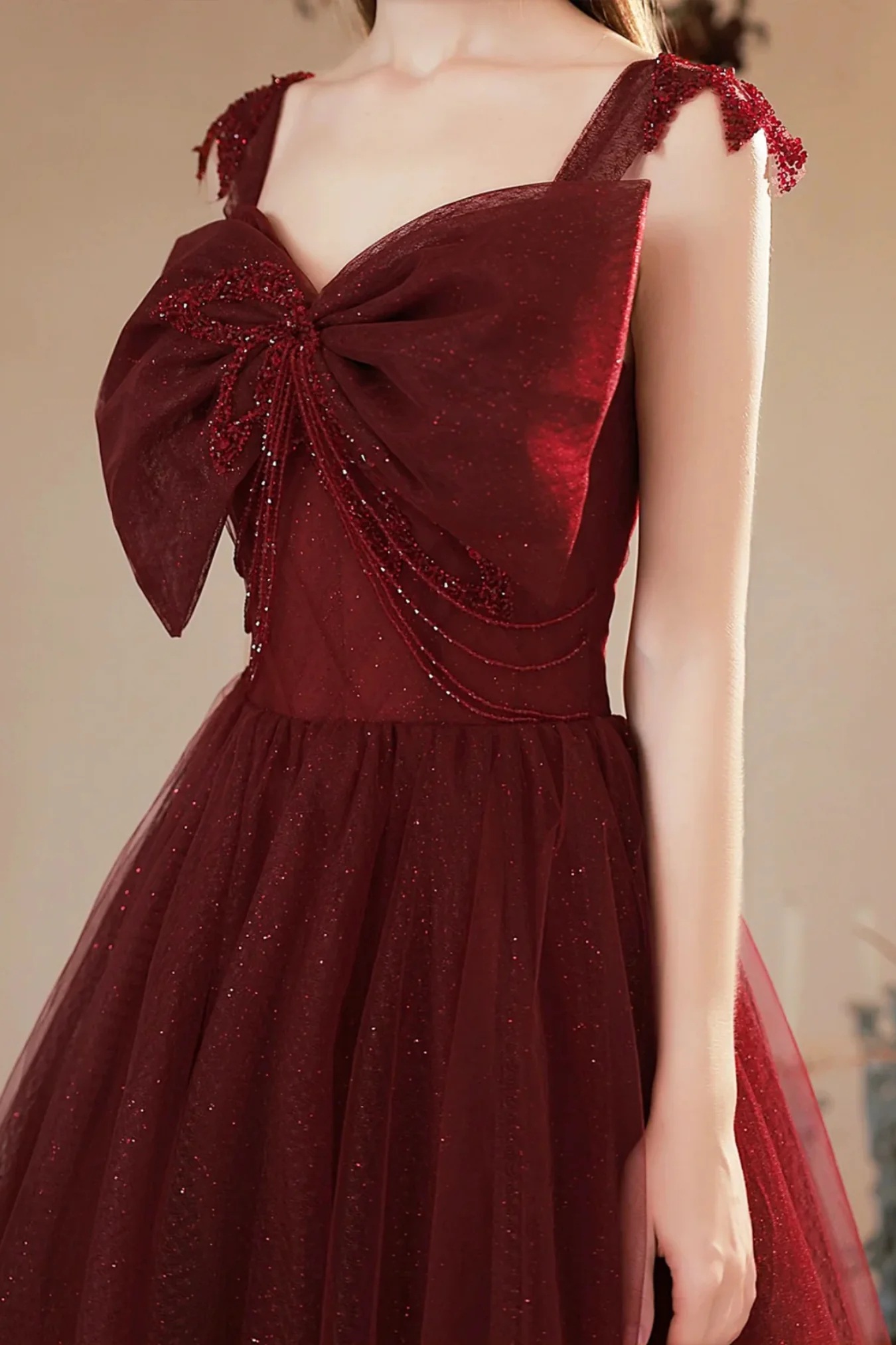 Burgundy Tulle A Line Long Prom Dresses with Bow, Long Burgundy Formal Graduation Evening Dresses S5386