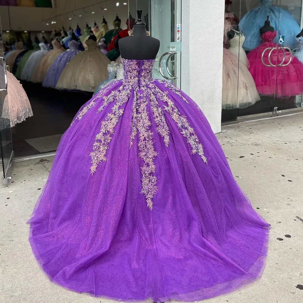 Purple Quinceanera Dresses Applique Flower Corset Graduation Gown S3707