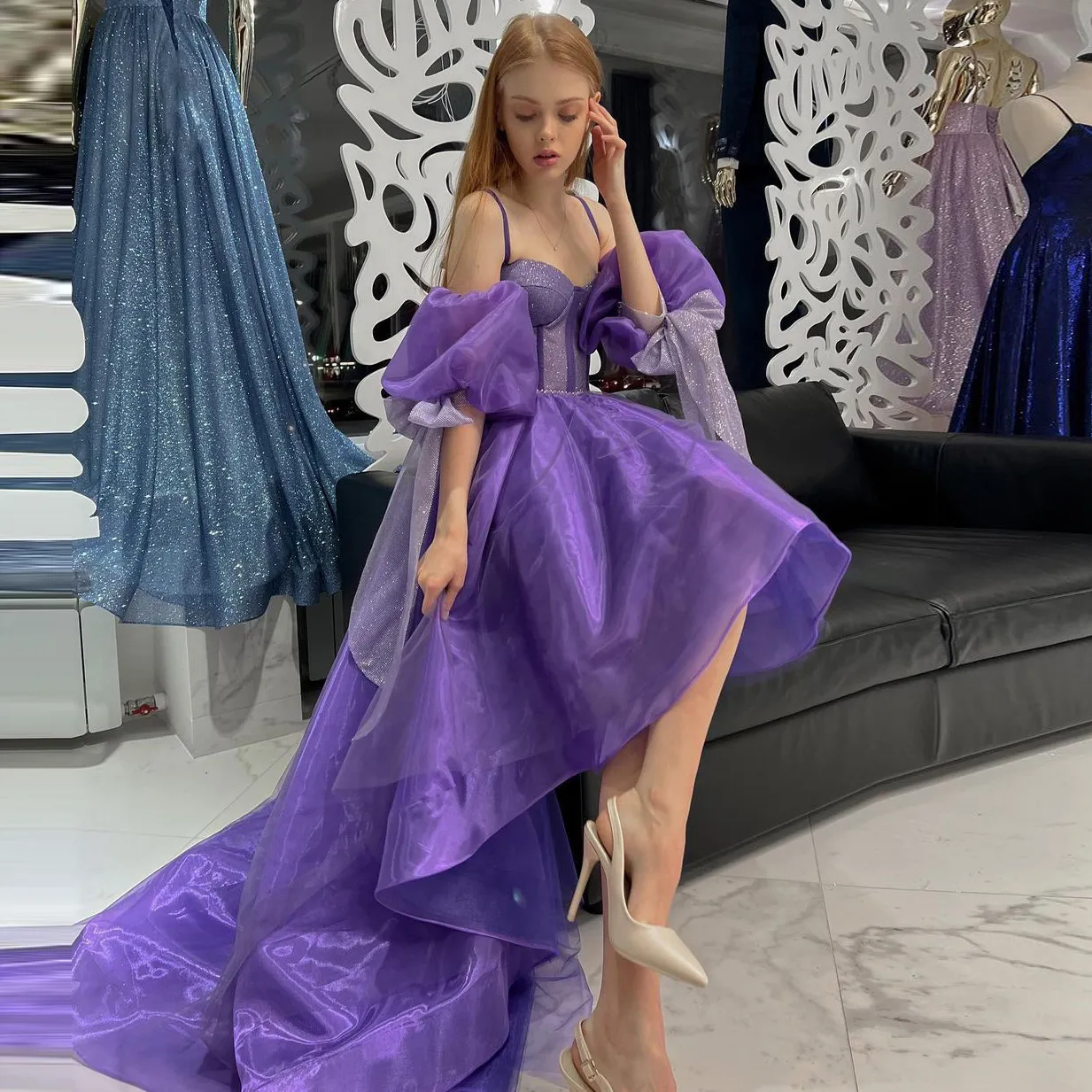 Off Shoulder Organza Dress Bubble High Low Evening Dresses Layered Prom Dresses Princess Dress Elegant Dresses For Wmen S3561