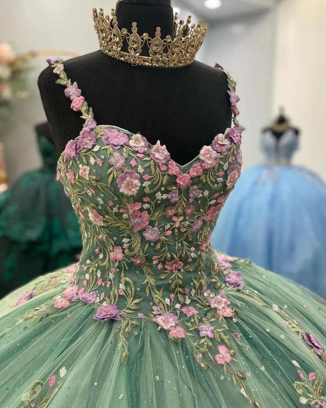 Floral Embroidered 3D Flowers Quinceanera Gown for Girls S5093