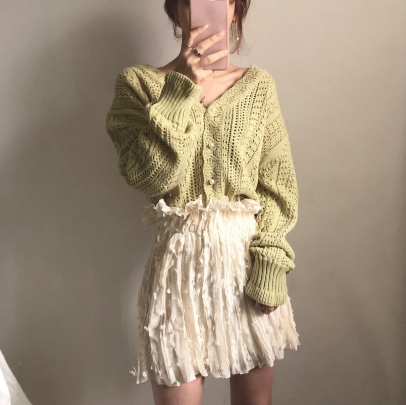 Chic V-neck Crochet Lace Hollow out Knit Cardigan Sweater S2790